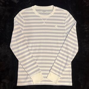 Express White and Gray Striped Crewneck